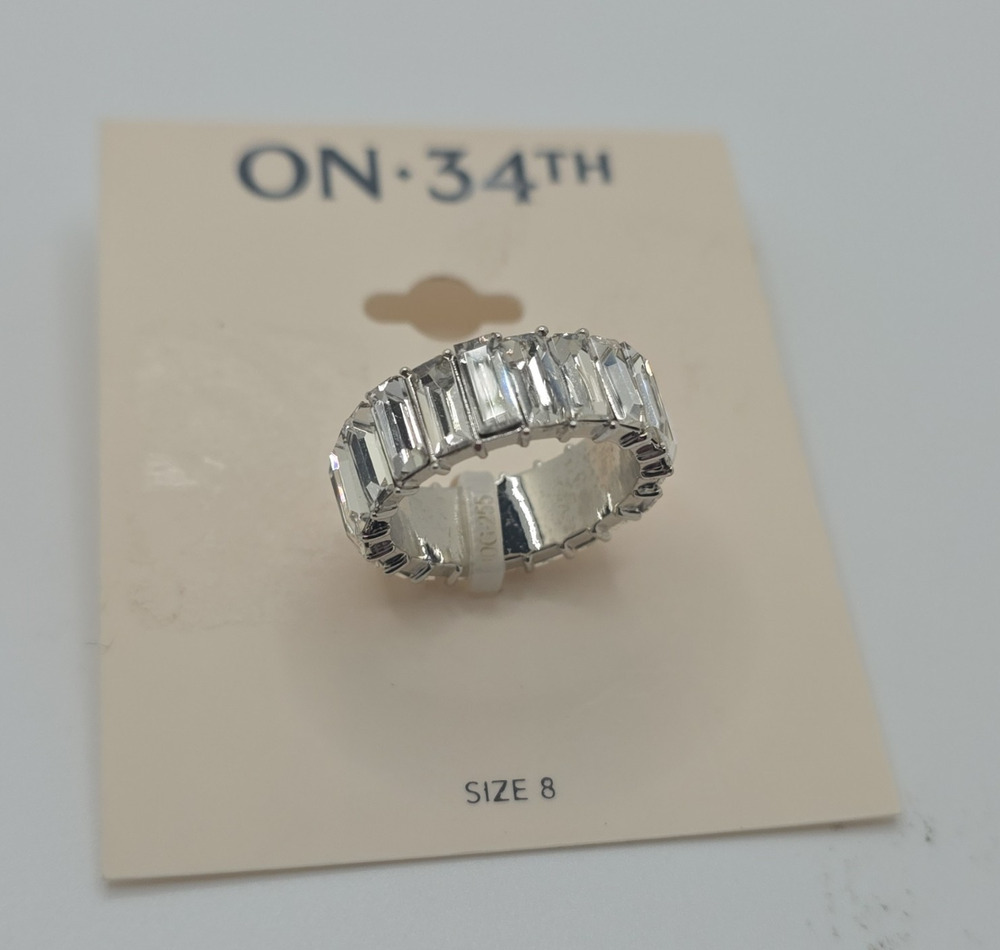 ON 34TH Silver Tone Clear Baguette Crystal Eternity Band Ring Size 8